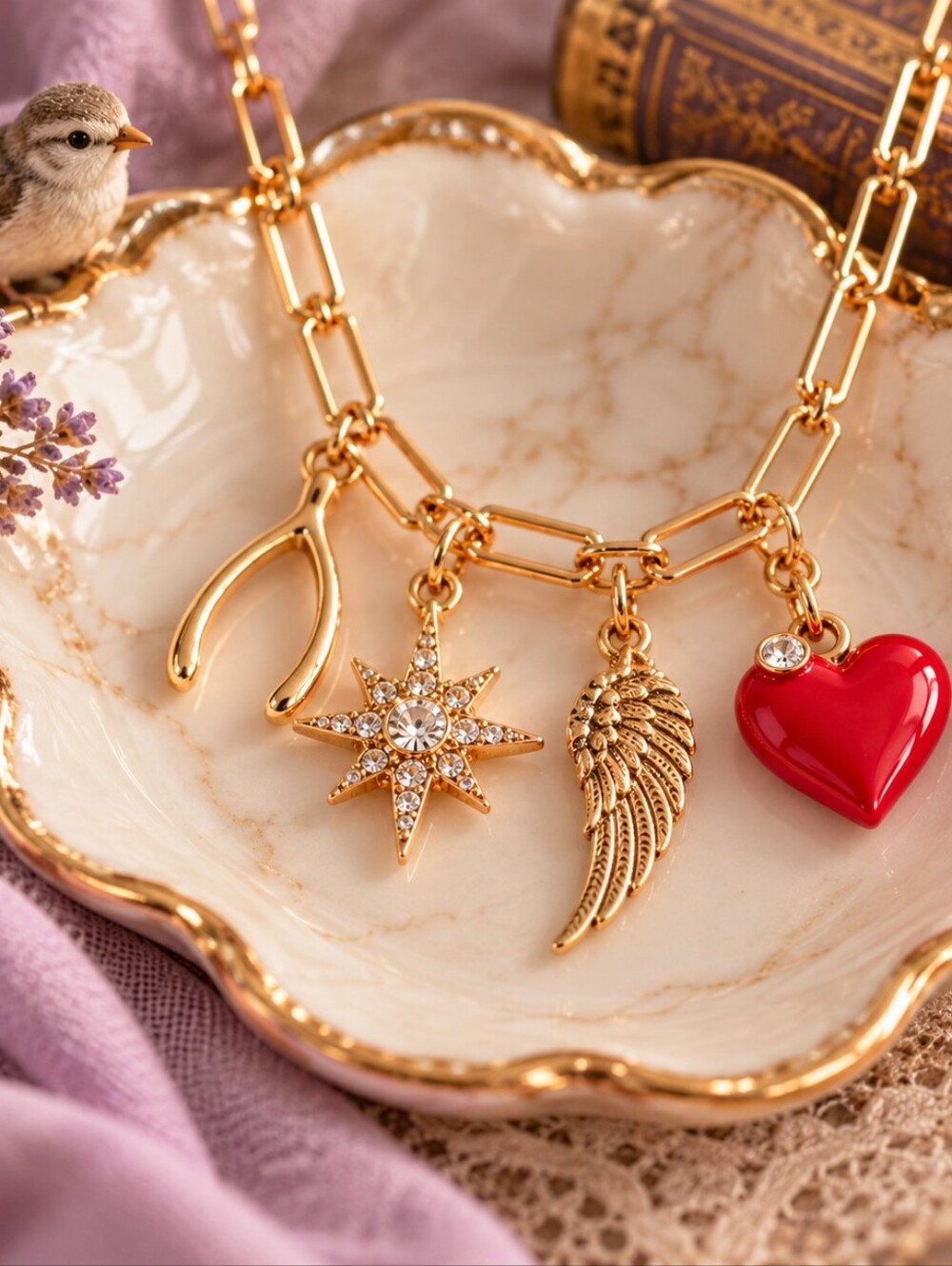 Charm Necklace Heart, Angel Wing, Wish Bone, Star 😇🌟♥️🦴